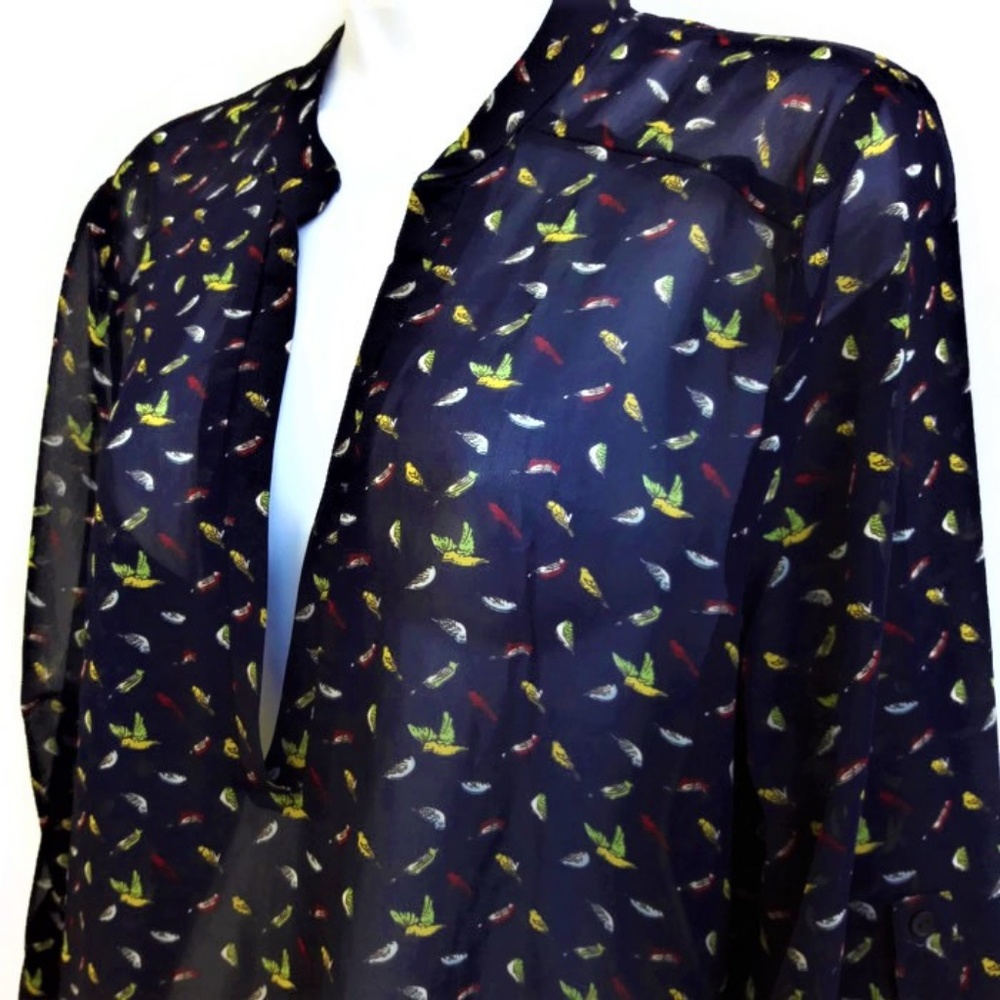 Teen Bell Navy Blue Hummingbird Lover Blouse Split Neck Roll Tab Sleeves XXL